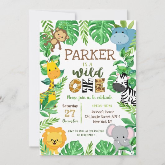 ワイルドワンサファリアニマルズファースト誕生日招待状 招待状 (正面)