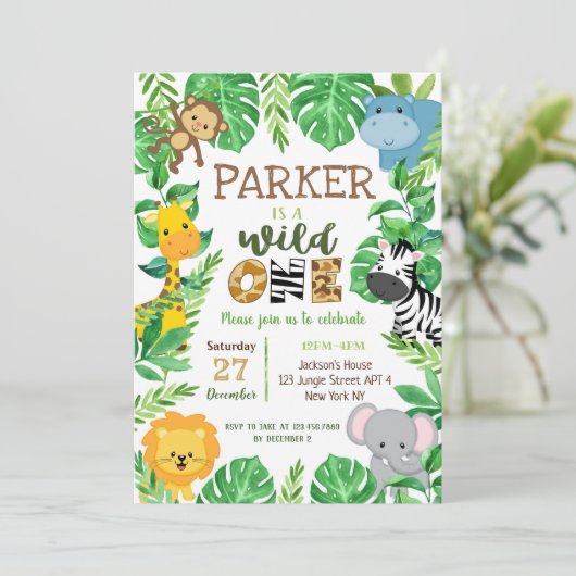 ワイルドワンサファリアニマルズファースト誕生日招待状 招待状 (スタンド正面)