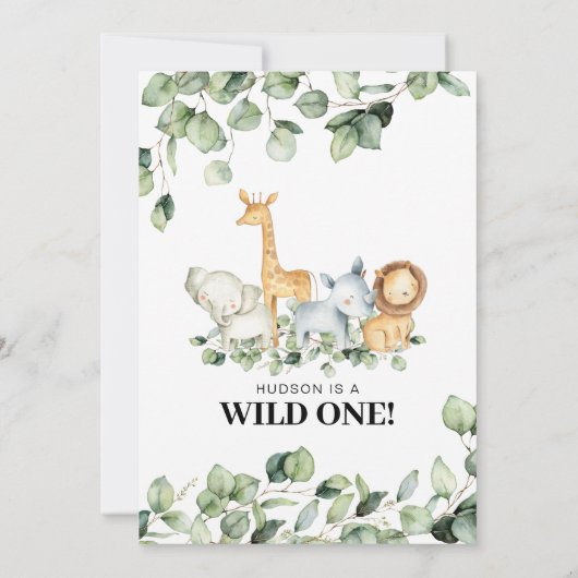 ワイルドワンサファリアニマルズファースト誕生日招待状 招待状 (裏面)