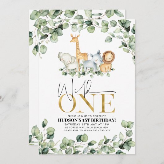 ワイルドワンサファリアニマルズファースト誕生日招待状 招待状 (正面/裏面)