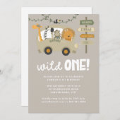 ワイルドワンサファリアニマルズファースト誕生日招待状 招待状 (正面/裏面)
