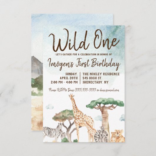 ワイルドワンサファリアニマルズファースト誕生日 招待状 (正面/裏面)