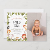 ワイルドワンサファリアニマルズボーイフォトバースデーパーティー 招待状 (正面)