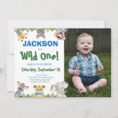 ワイルドワンサファリアニマルズボーイフォト誕生日I 招待状 (正面)