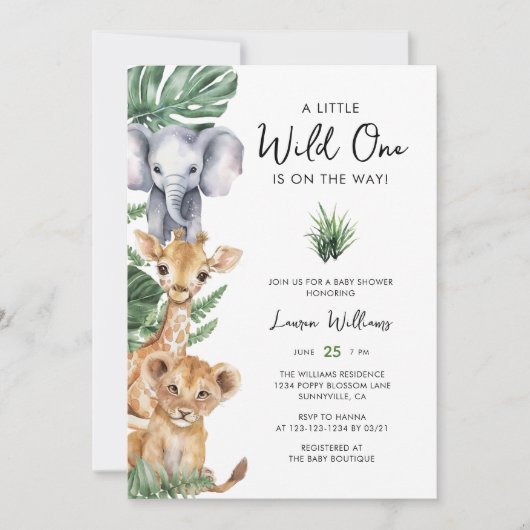 ワイルドワンサファリアニマルズボーイベビーシャワー招待状 招待状 (正面)