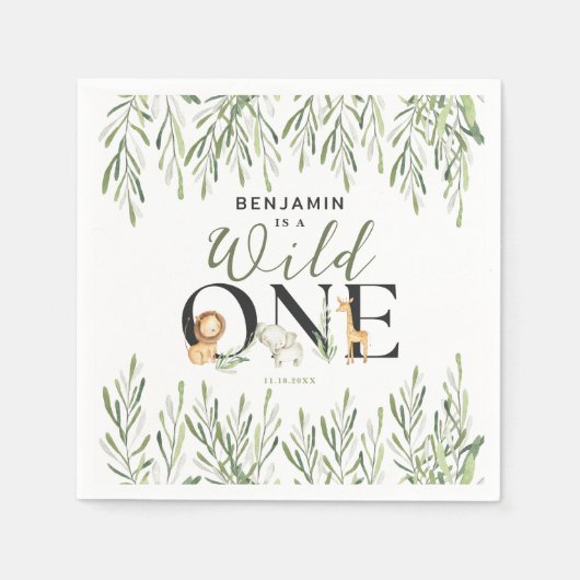 ワイルドワンサファリアニマルズボーイ第1誕生日パーティー スタンダードカクテルナプキン (正面)