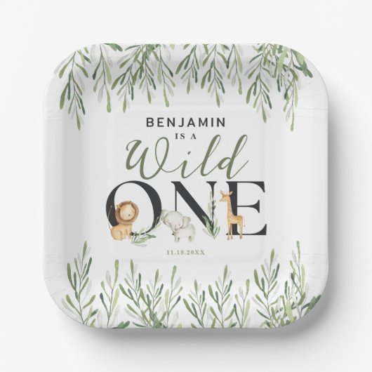 ワイルドワンサファリアニマルズボーイ第1誕生日パーティー ペーパープレート (正面)