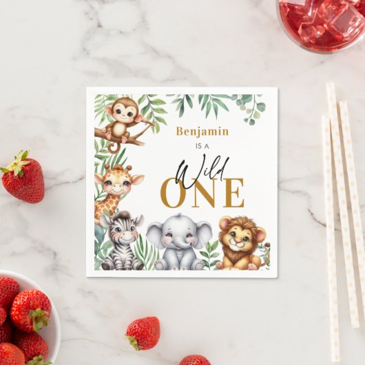 ワイルドワンサファリアニマルズボーイ第1誕生日 スタンダードカクテルナプキン (インサイチュ)