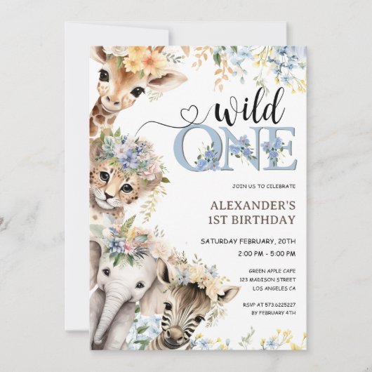 ワイルドワンサファリアニマルズボーイ第1誕生日 招待状 (正面)