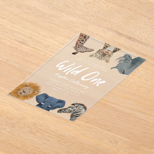ワイルドワンサファリアニマルズボーバースデーパーティー アクリル招待状 (レイダウン)