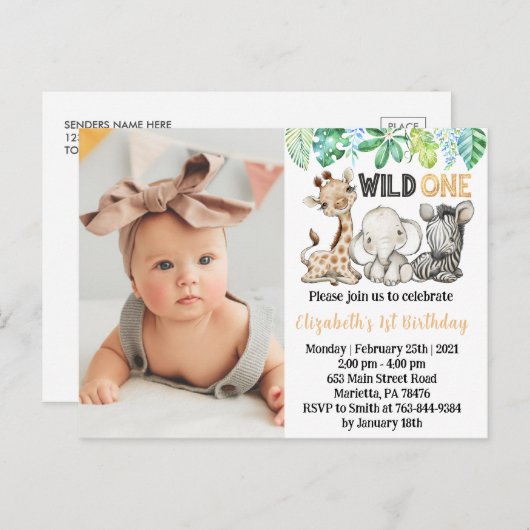 ワイルドワンサファリアニマルズ誕生日写真招待状 ポストカード (正面/裏面)