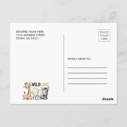 ワイルドワンサファリアニマルズ誕生日写真招待状 ポストカード (裏面)