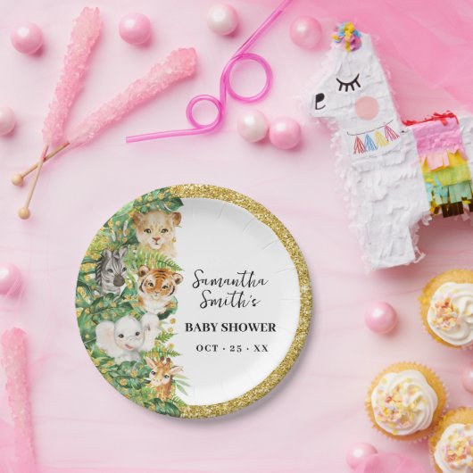 ワイルドワンサファリアニマルズ金ゴールドグリッターベビーシャワー ペーパープレート (パーティー)