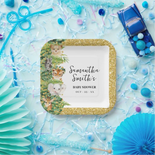 ワイルドワンサファリアニマルズ金ゴールドグリッターベビーシャワーP ペーパープレート (パーティー)