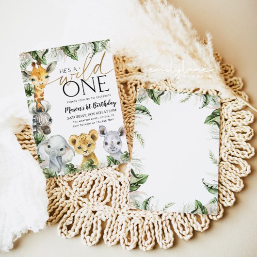 ワイルドワンサファリアニマルズ1歳の誕生日ボーイズインビタティ 招待状