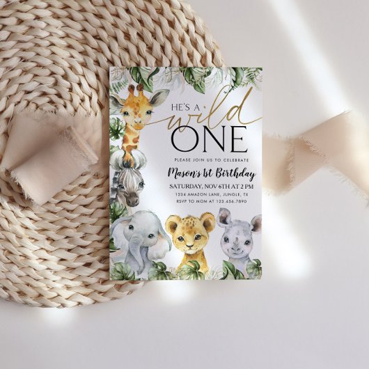 ワイルドワンサファリアニマルズ1歳の誕生日ボーイズインビタティ 招待状