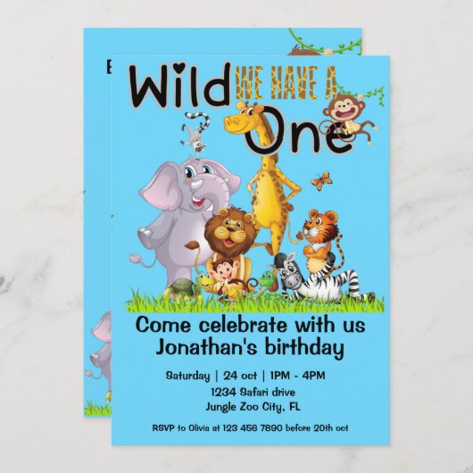 ワイルドワンサファリアニマルズ1stバースデーアニメ 招待状 (正面/裏面)