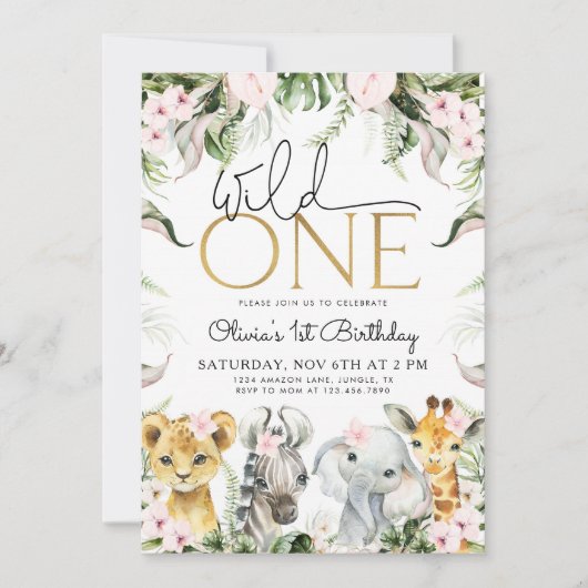ワイルドワンサファリアニマルズ1stバースデーガールインビタティ 招待状 (正面)