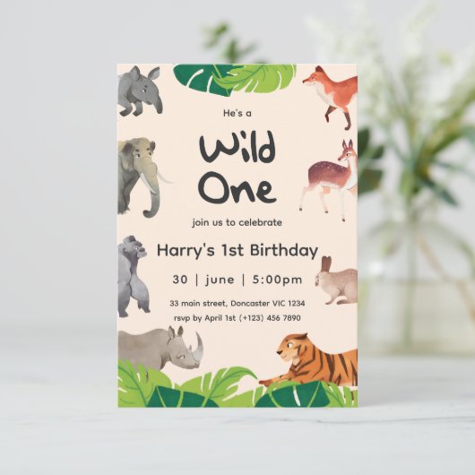 ワイルドワンサファリアニマルズ1st男の赤ちゃん誕生日 招待状 (スタンド正面)