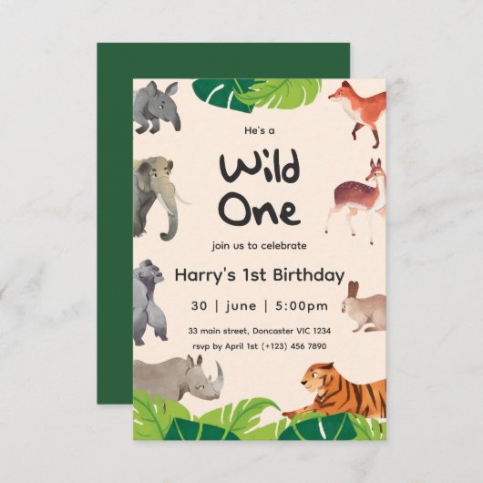 ワイルドワンサファリアニマルズ1st男の赤ちゃん誕生日 招待状 (正面/裏面)