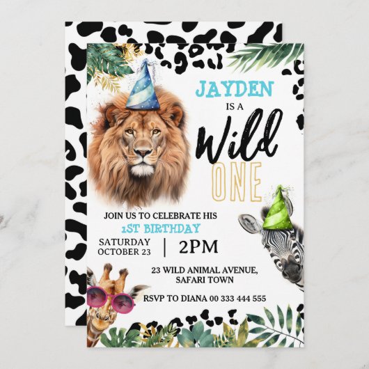 ワイルドワンサファリアニマルズ1st誕生日パーティー 招待状 (正面/裏面)