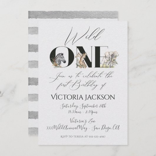 ワイルドワンサファリアニマルズ1st誕生日招待状 招待状 (正面/裏面)