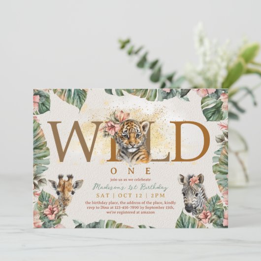 ワイルドワンサファリアニマルタイガー男の赤ちゃん1st誕生日 招待状 (スタンド正面)