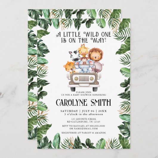 ワイルドワンサファリアニマルトロピカルジャングルベビーシャワー 招待状 (正面/裏面)