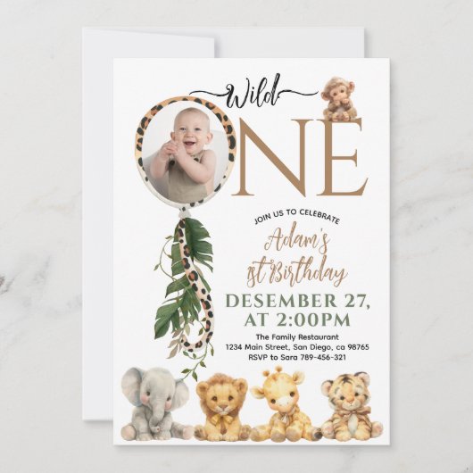 ワイルドワンサファリアニマルバルーン1st誕生日 招待状 (正面)