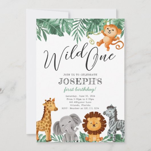 ワイルドワンサファリアニマルバースデーパーティーへの招待 招待状 (正面)