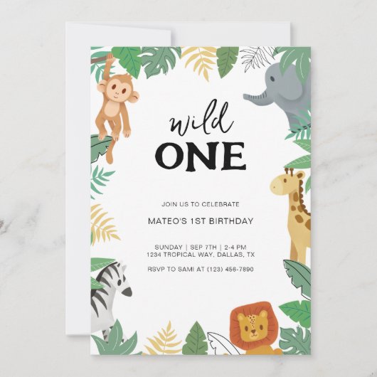 ワイルドワンサファリアニマルファースト誕生日パーティー 招待状 (正面)