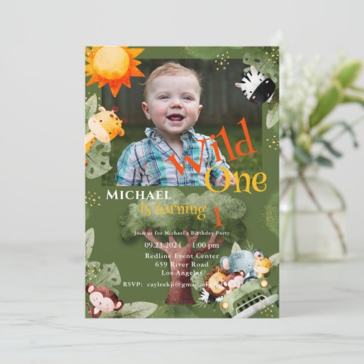 ワイルドワンサファリアニマルフォトバースデーパーティー 招待状 (スタンド正面)