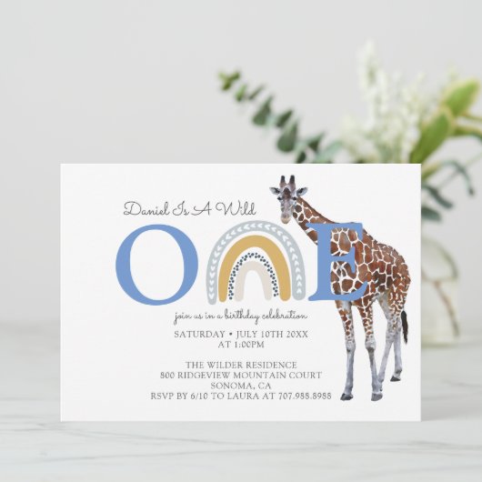 ワイルドワンサファリアニマルブルーボーイズファースト誕生日 招待状 (スタンド正面)