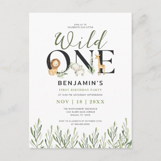 ワイルドワンサファリアニマルボーイワンバースデー招待状 ポストカード (正面)