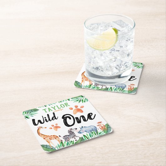 ワイルドワンサファリアニマル第1誕生日パーティー スクエアペーパーコースター (インサイチュ)