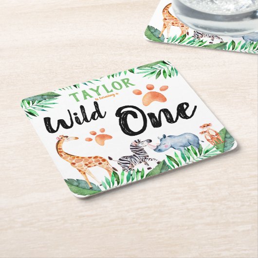 ワイルドワンサファリアニマル第1誕生日パーティー スクエアペーパーコースター (アングル)