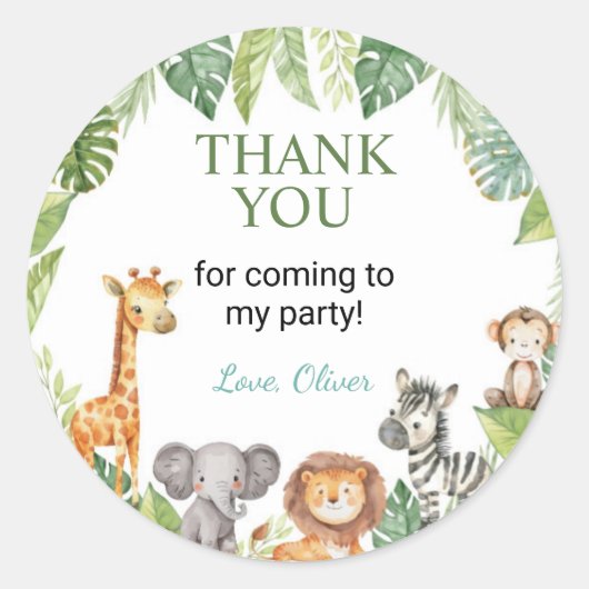 ワイルドワンサファリアニマル誕生日ステッカーメッセージカード ラウンドシール (正面)