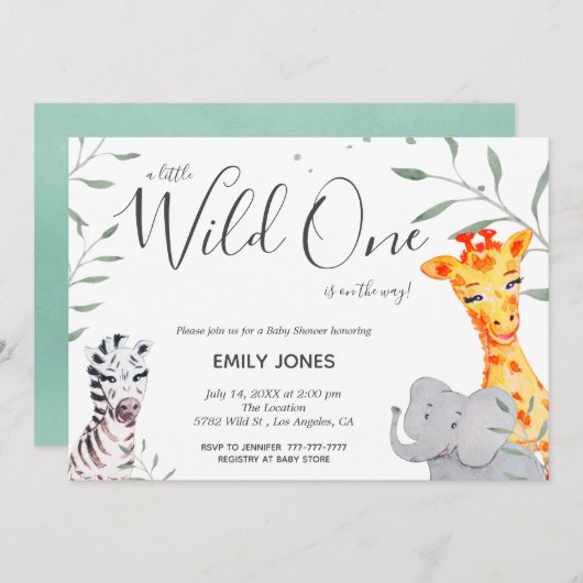ワイルドワンサファリウォーターカラーベビーシャワー招待状 招待状 (正面/裏面)