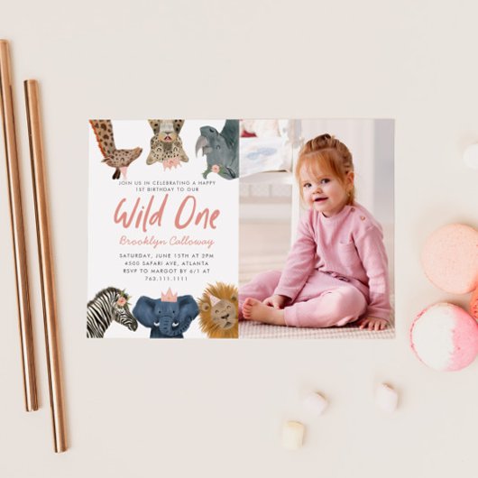 ワイルドワンサファリガールの最初の誕生日パーティーの写真 招待状