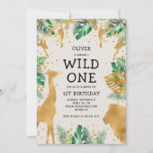 ワイルドワンサファリグリーン金ゴールドベージュ色1st誕生日 招待状 (正面)