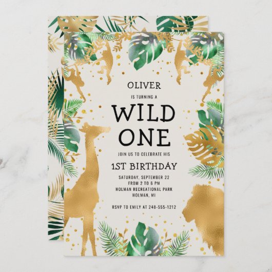 ワイルドワンサファリグリーン金ゴールドベージュ色1st誕生日 招待状 (正面/裏面)