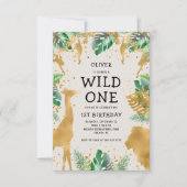 ワイルドワンサファリグリーン金ゴールドベージュ色1st誕生日 招待状 (正面)