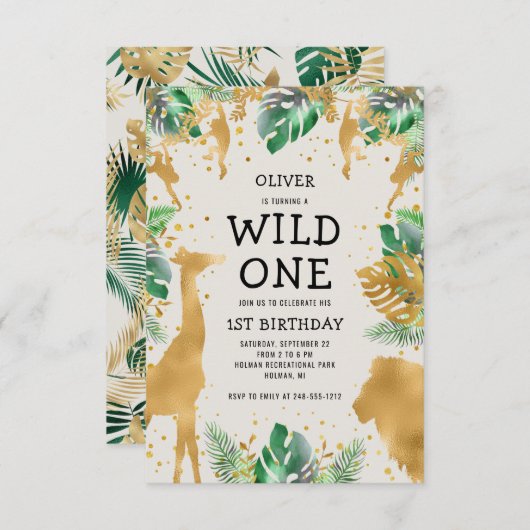 ワイルドワンサファリグリーン金ゴールドベージュ色1st誕生日 招待状 (正面/裏面)