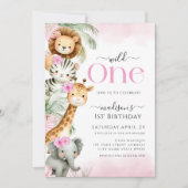 ワイルドワンサファリジャングルアニマルガール1st誕生日 招待状 (正面)