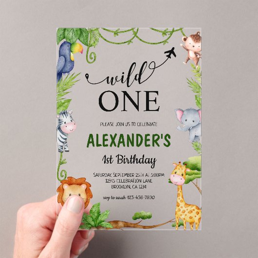 ワイルドワンサファリジャングルアニマルズウォーター誕生日 アクリル招待状 (インサイチュ (ポータブル))