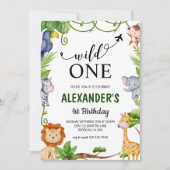 ワイルドワンサファリジャングルアニマルズウォーター誕生日 招待状 (正面)