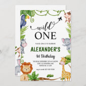 ワイルドワンサファリジャングルアニマルズウォーター誕生日 招待状 (正面/裏面)