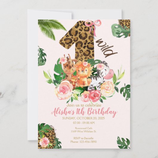 ワイルドワンサファリジャングルアニマルズ誕生日招待状 招待状 (正面)