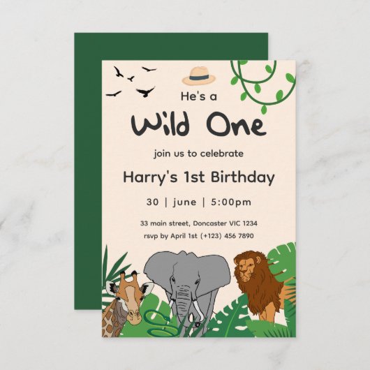 ワイルドワンサファリジャングルアニマルズ1ベビー誕生日 招待状 (正面/裏面)