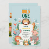ワイルドワンサファリジャングルアニマル誕生日招待状 招待状 (正面/裏面)